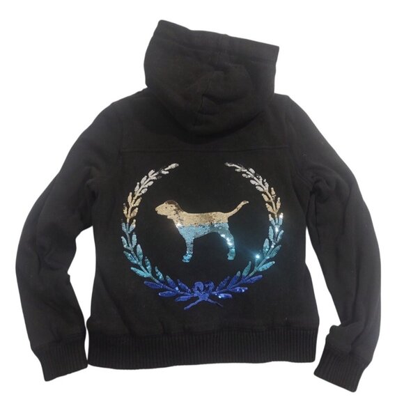 Y2K Victoria's Secret Pink Hoodie Lined Sequin Dog Logo Mcbling Scene Sz Small - Picture 3 of 7